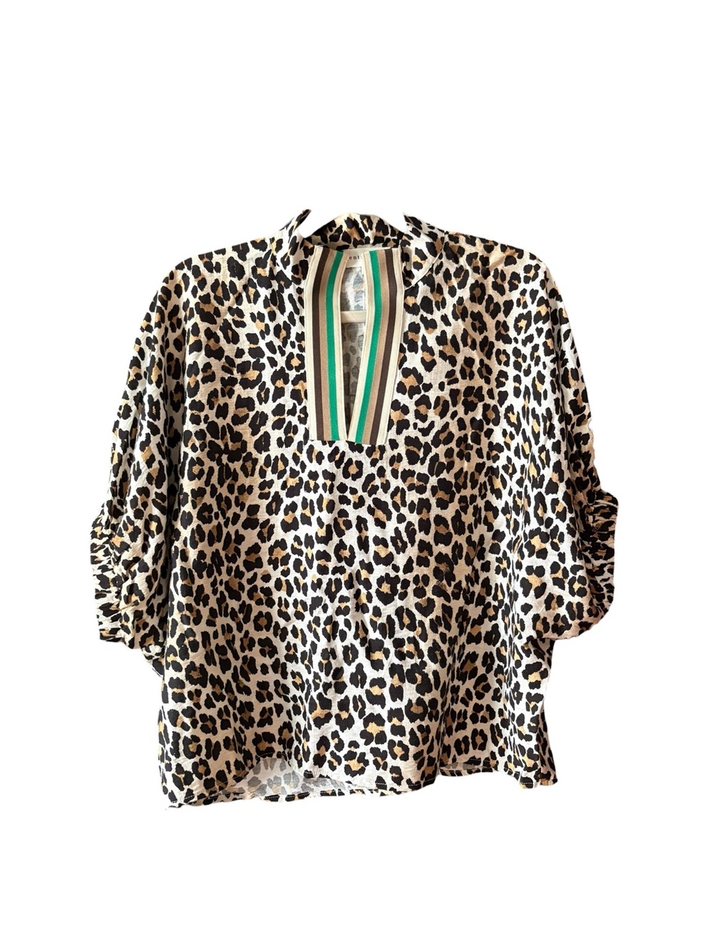 Entro Leopard Print Dolman Sleeve Blouse Striped Trim Top S